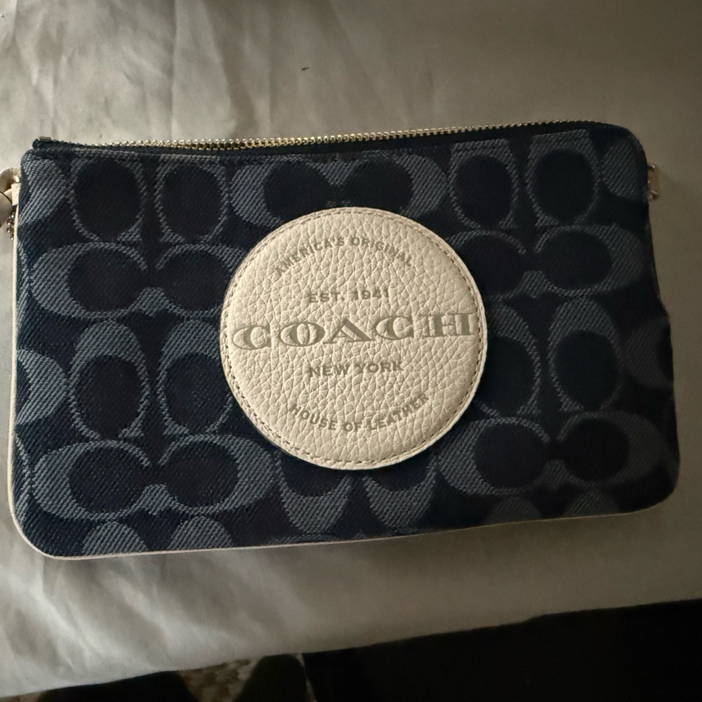 Coach Navy Signature Zip Wristlet with Cream Logo Patch